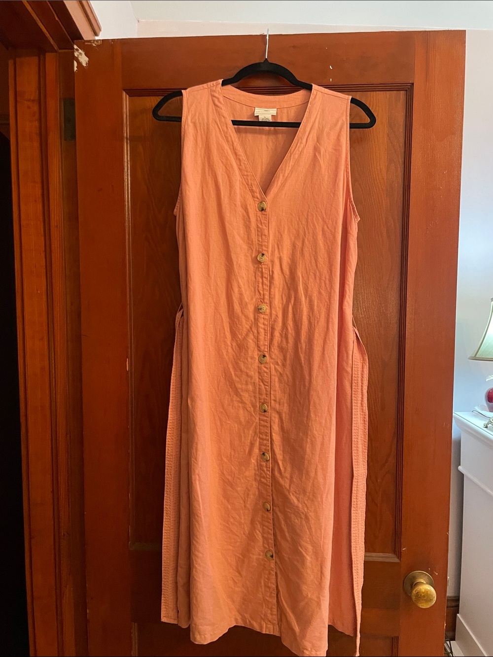 Liz Claiborne Coral Button-Front Midi Dress with Tie Waist Vintage 90s Linen